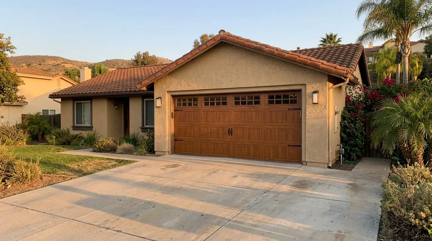 Carriage-style garage door on a single-story Rancho Bernardo home