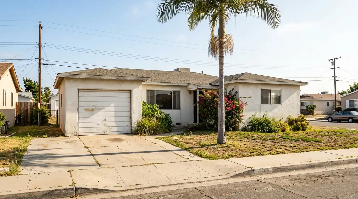 Older tilt-up garage door on a 1960s National City home