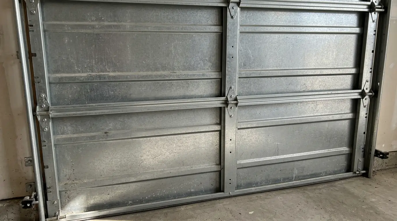 Before: the bare steel back of a single-skin garage door in a sunny attached garage