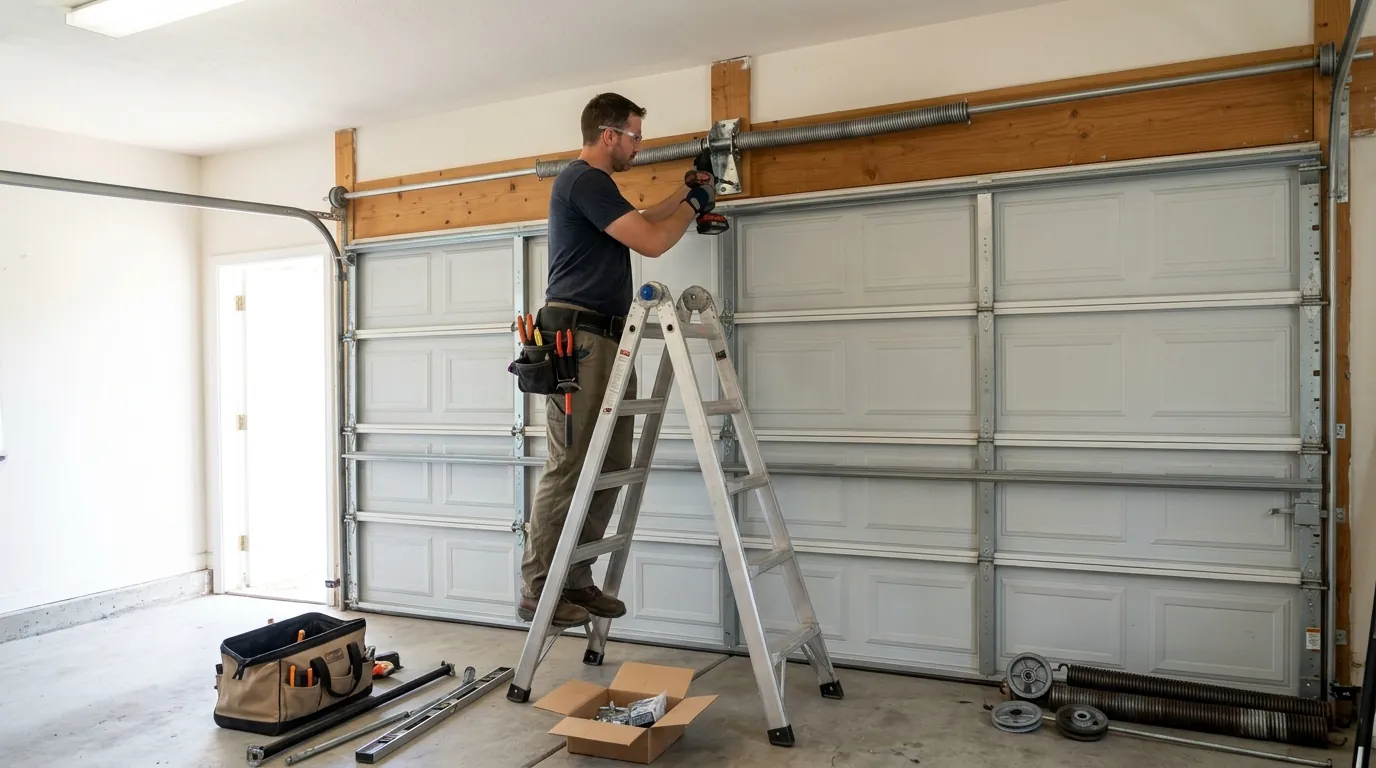 During the job: mounting a center bracket and torsion shaft above the door