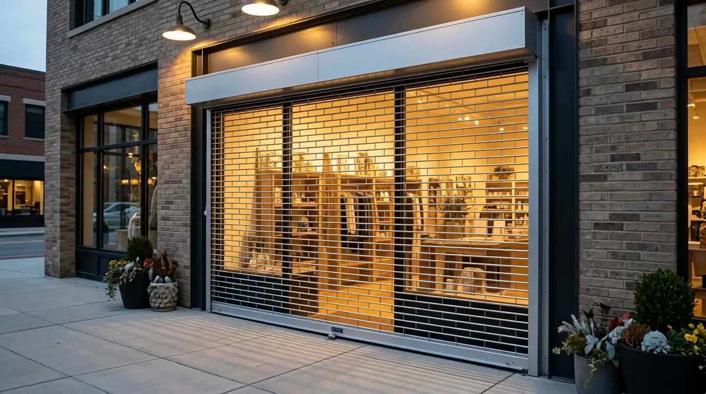 After: a rolling grille locked down neatly over a lit shop window