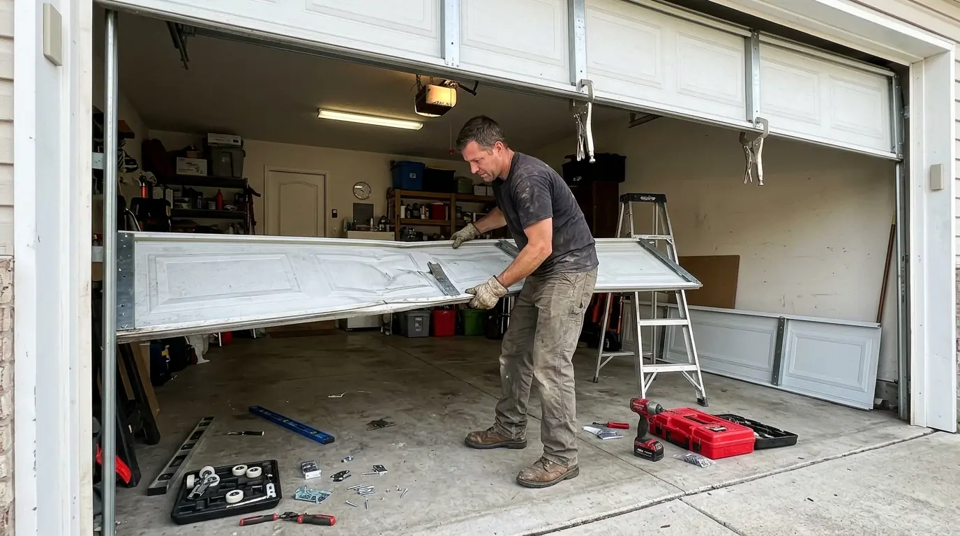 During the job: lifting out a damaged section while the door is supported