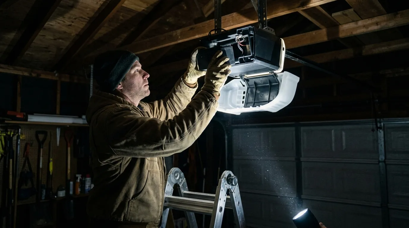 Technician installing a battery backup pack in a garage door opener