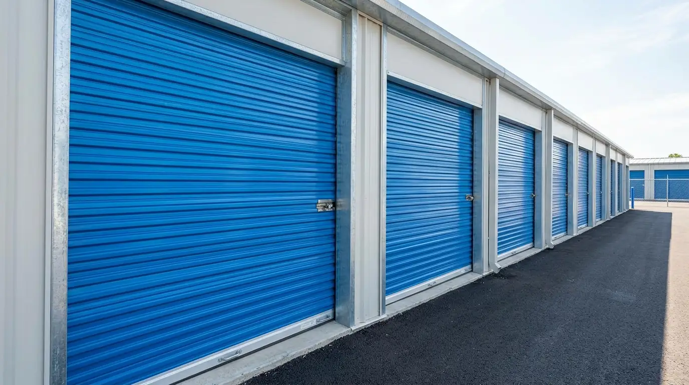 After: a row of new bright roll-up unit doors at a self-storage facility