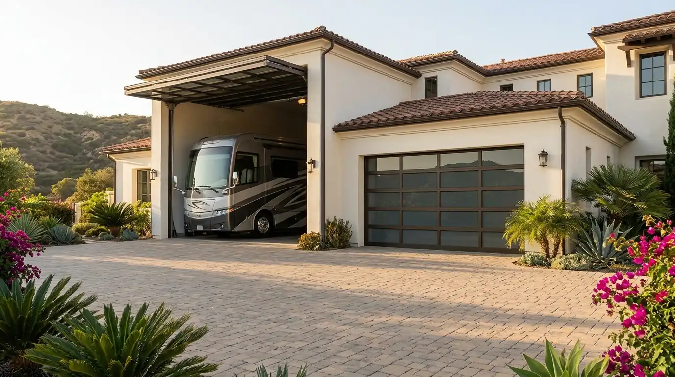Tall custom RV-height garage door on a large home
