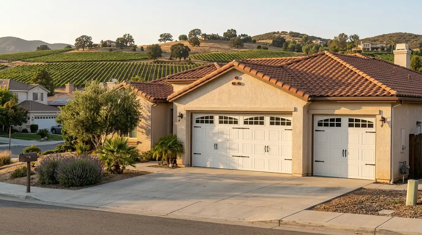 Carriage style garage door on a Temecula home with vineyards behind