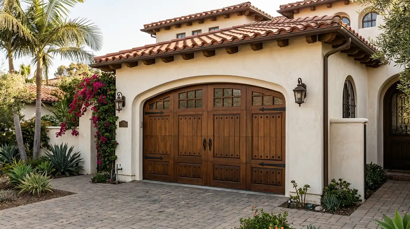 Spanish revival home with an arched carriage garage door