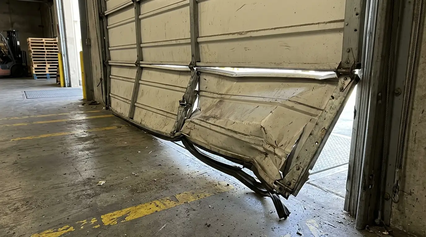 Before: a dock door with a folded bottom section from a forklift