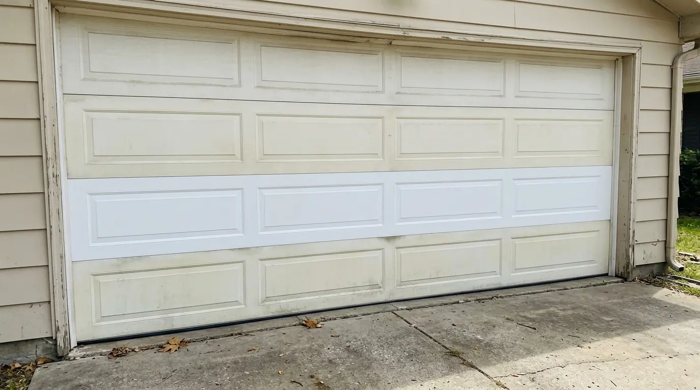 Garage door with one new section among older ones