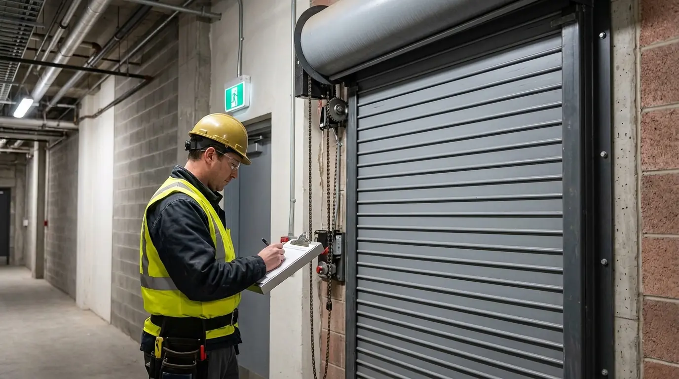 Technician documenting a drop test on a fire-rated rolling door