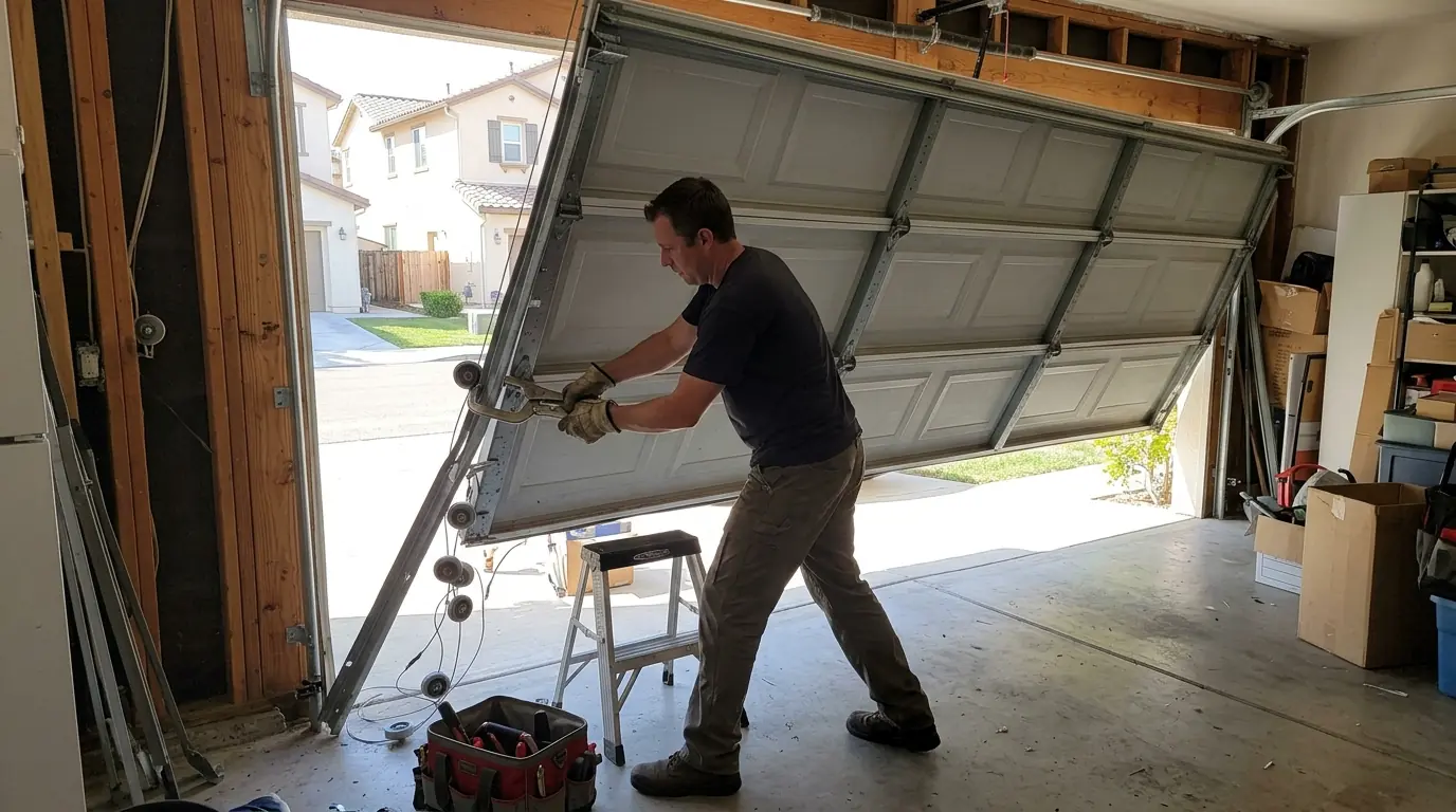 Garage door off its track being stabilized with clamps before repair
