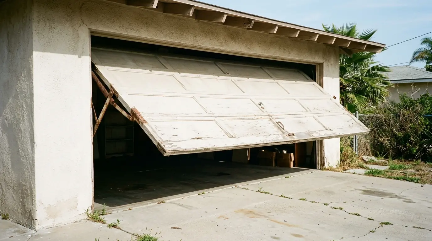 Before: a one piece tilt up door swung out over a 1950s driveway