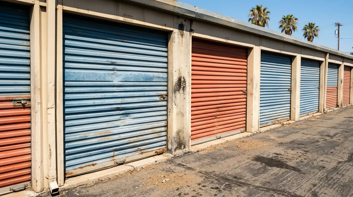 Before: a row of dented, faded self-storage unit doors along a drive aisle
