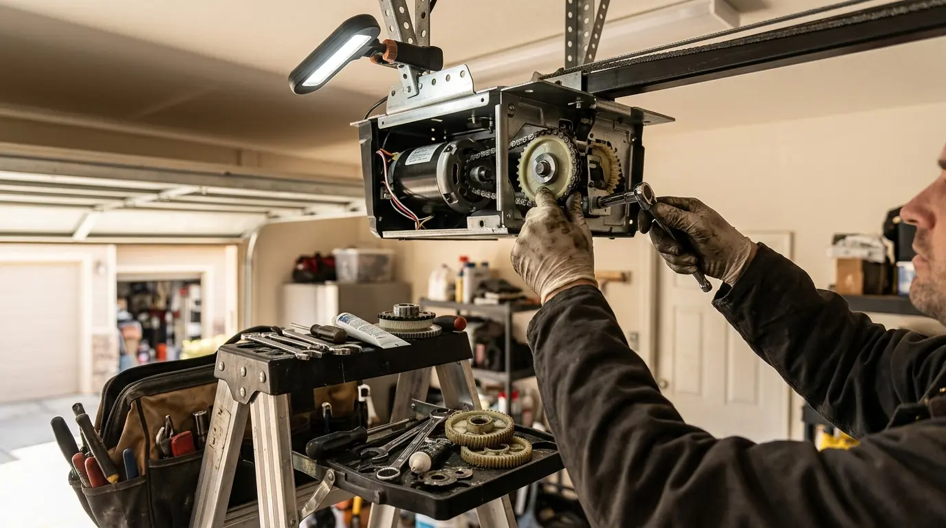 During the job: fitting a new gear and sprocket kit into an opener