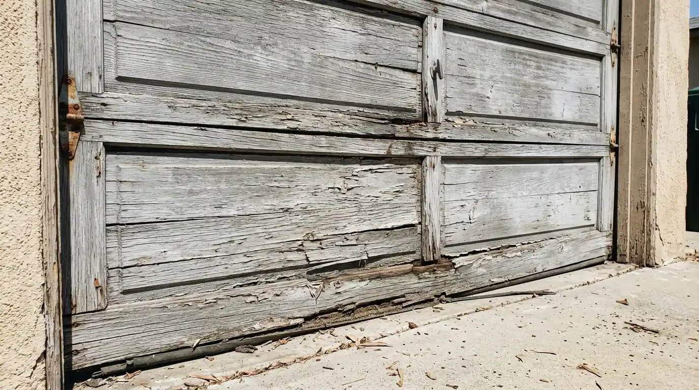 Before: a weathered wood door with grey sun damaged boards