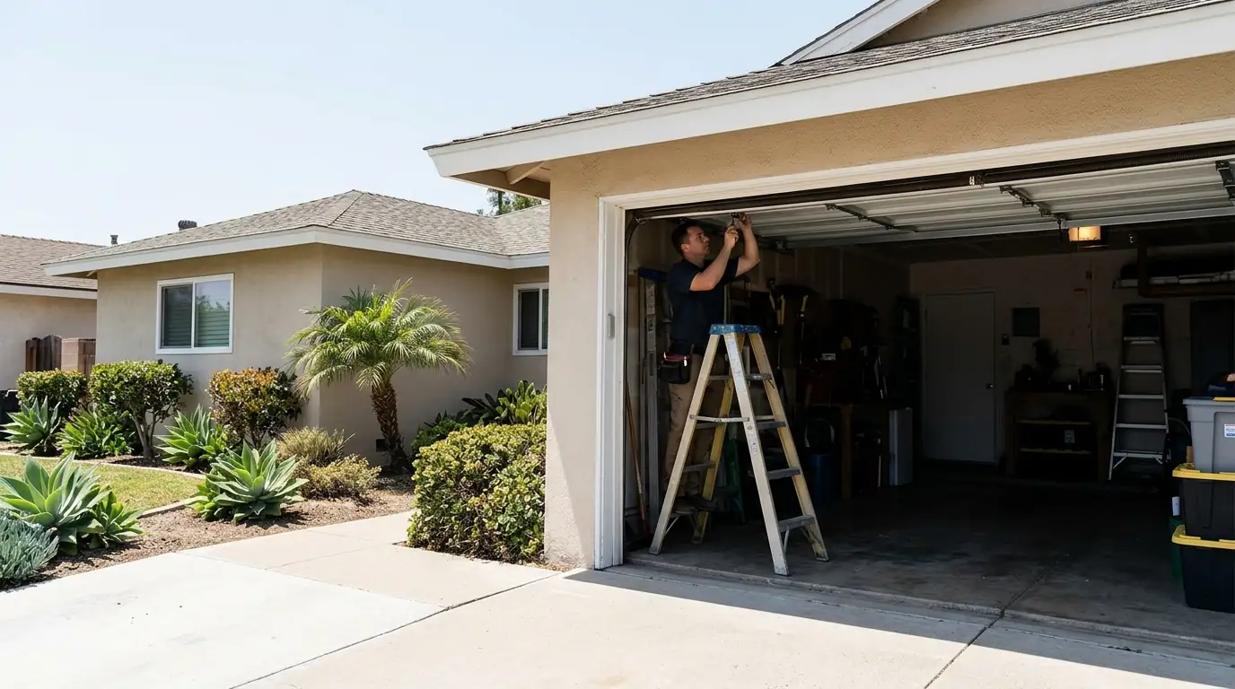 Technician adjusting a torsion spring in an Allied Gardens garage