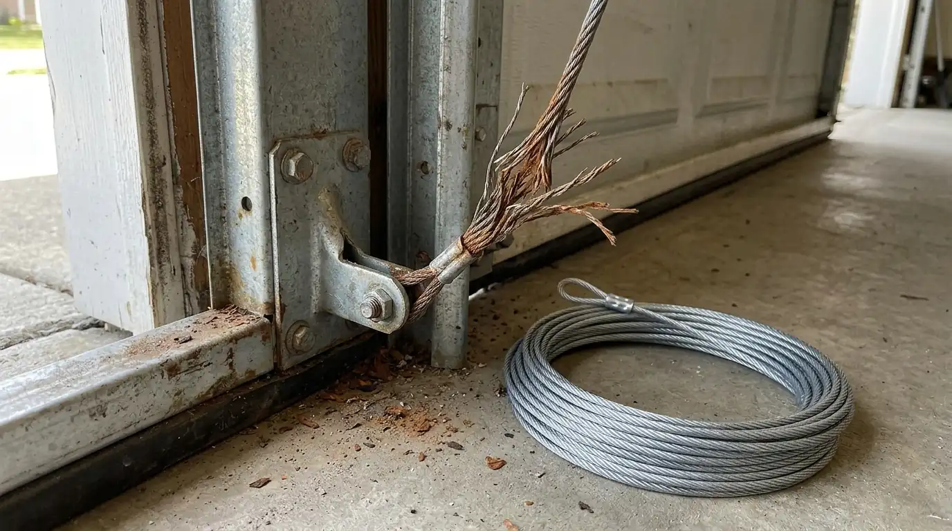 Frayed garage door cable at the bottom bracket beside its new replacement