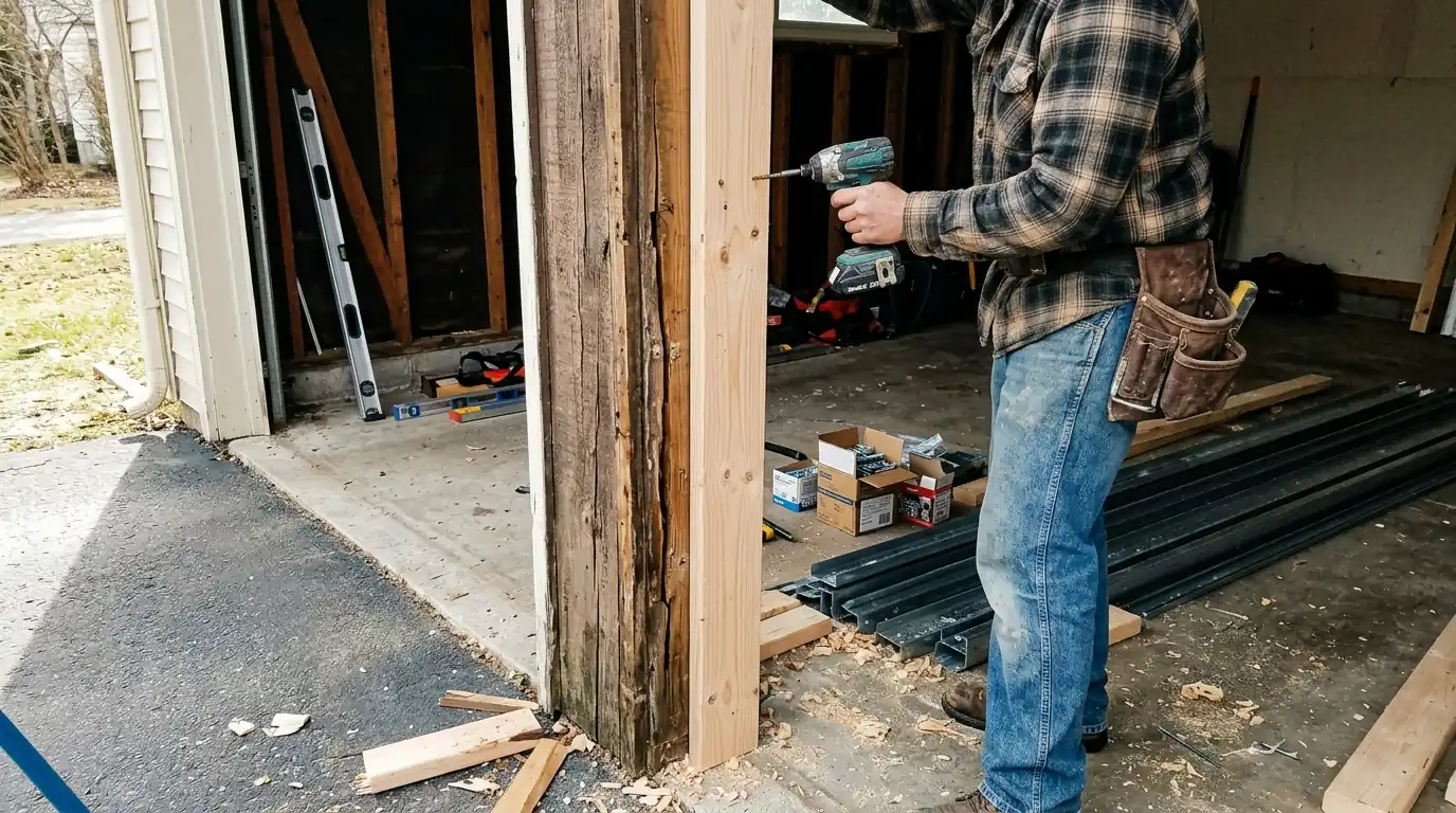 Garage door jamb being reinforced before a conversion