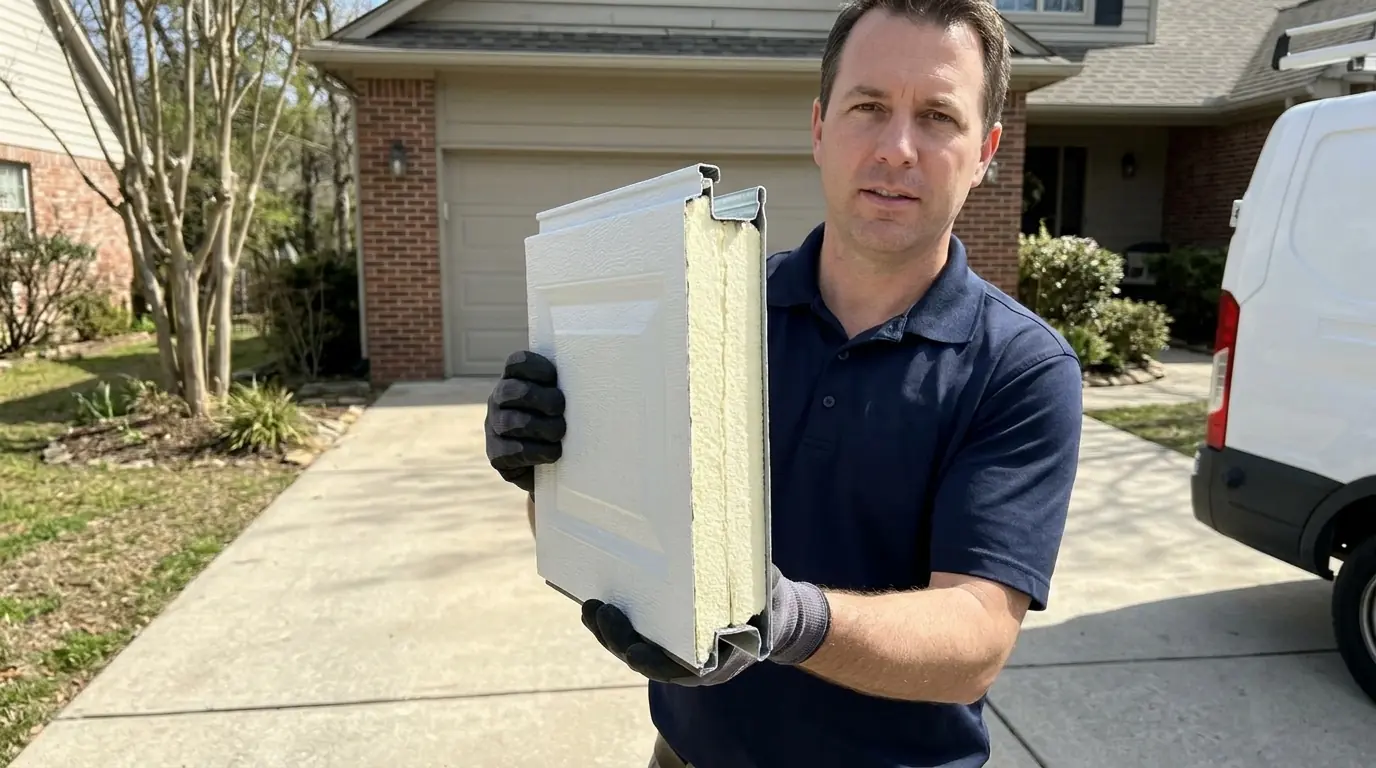 Cutaway of an insulated steel garage door section showing its foam core