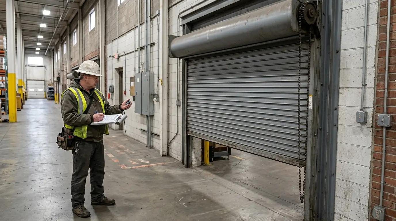 Rolling fire door closing during a drop test as a technician records it