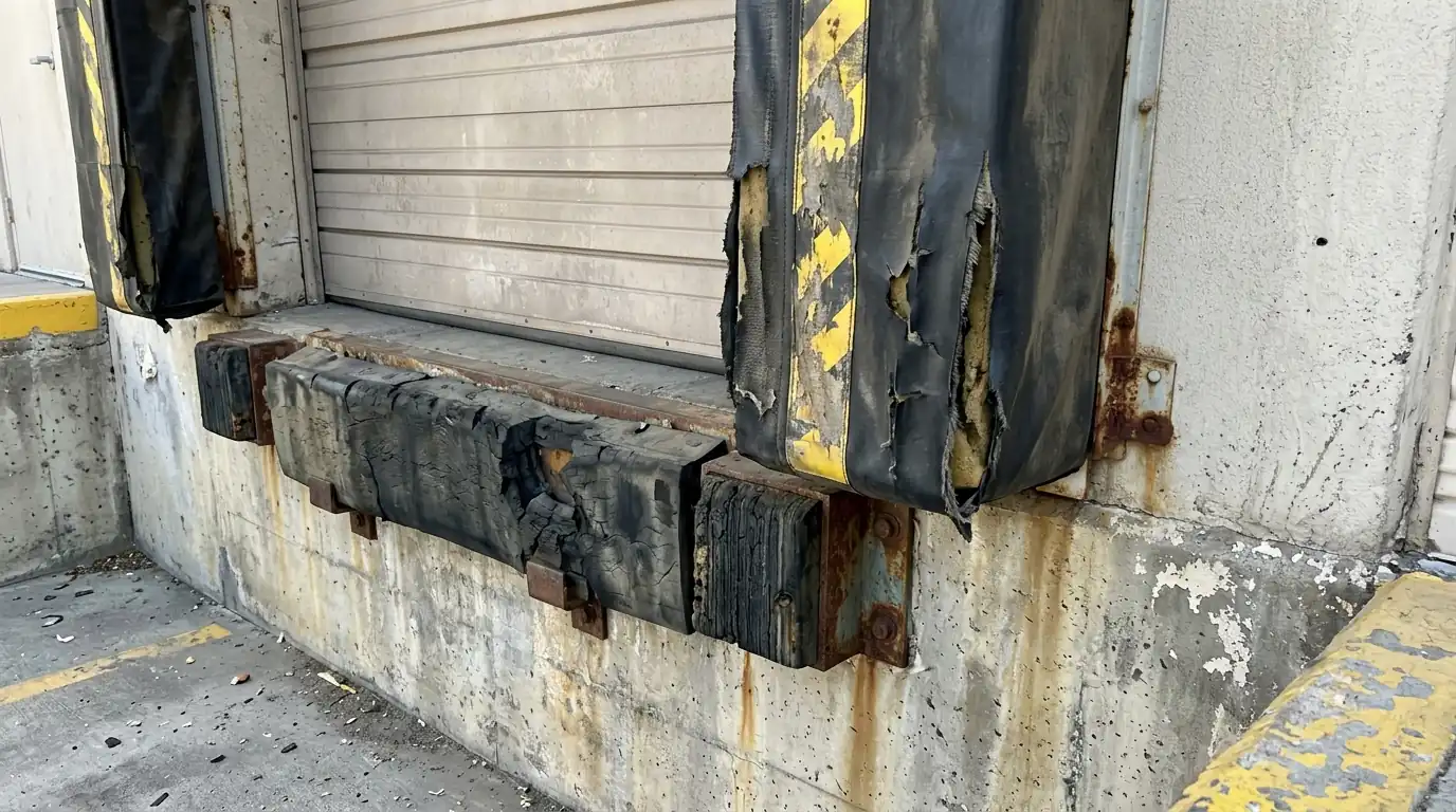 Before: a worn dock seal and a cracked bumper at a warehouse dock door