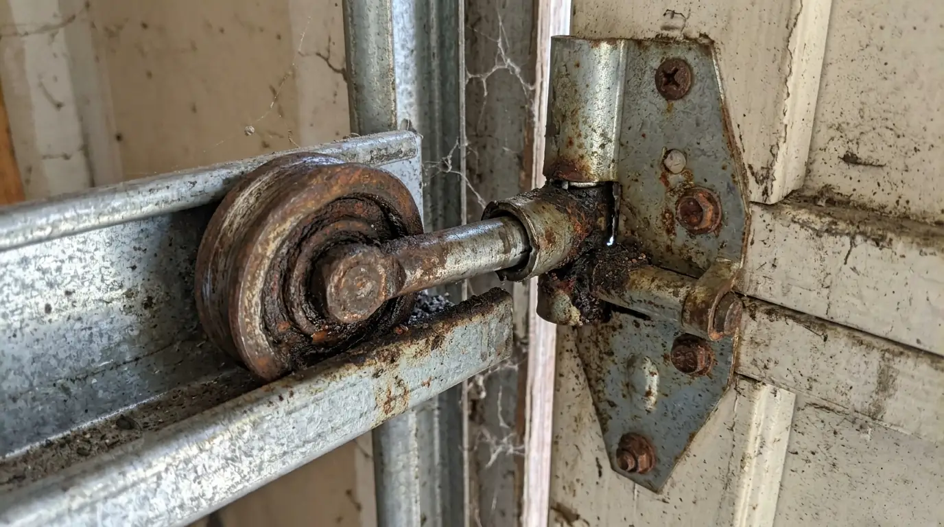 Before: a worn oval steel roller with a wobbling stem in a hinge