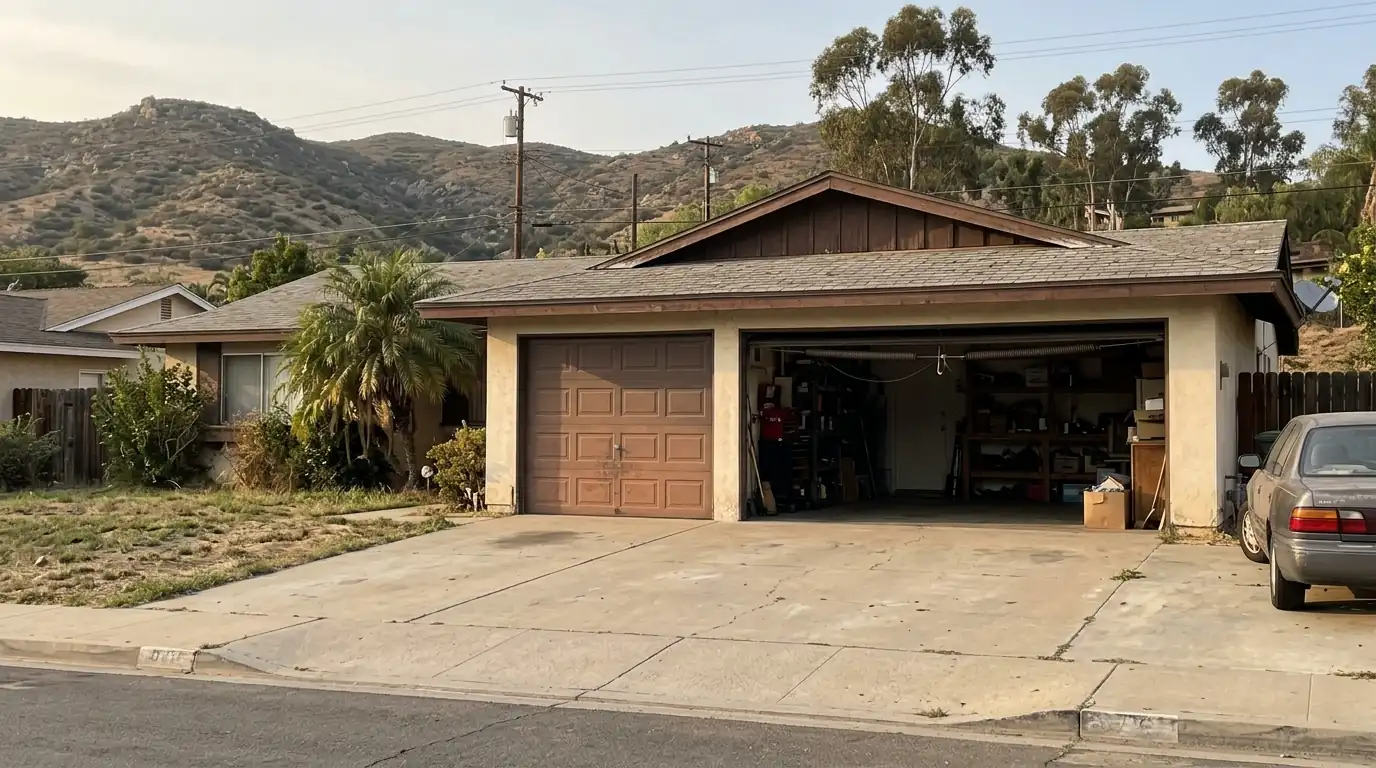 Older garage door on a 1970s El Cajon home