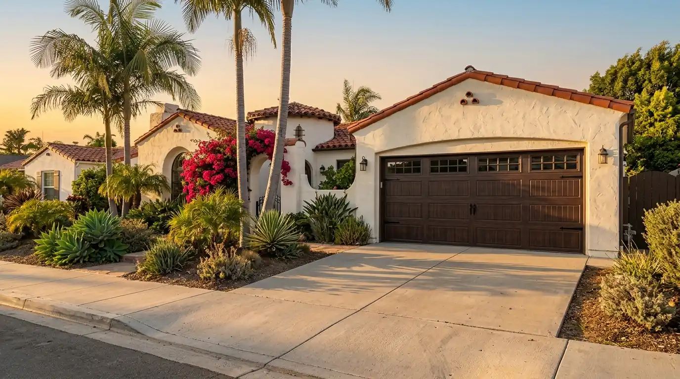 New carriage style garage door on a San Diego bungalow at golden hour