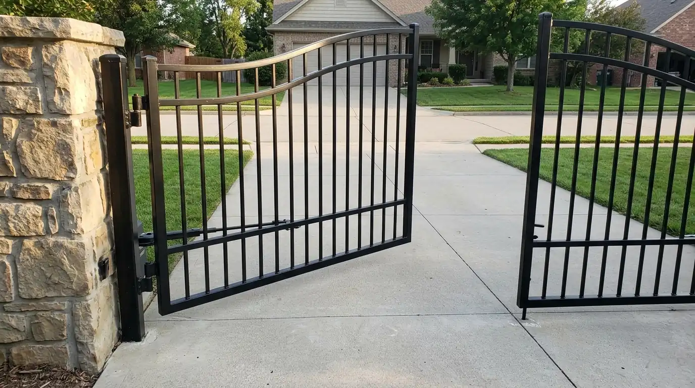 After: a repaired gate swinging level across the driveway