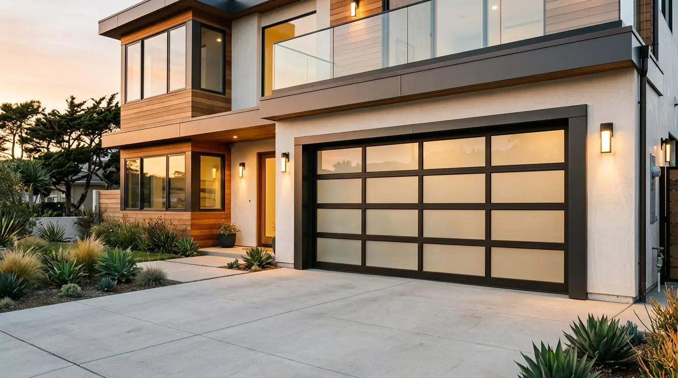 Full-view glass garage door on a contemporary Carlsbad home