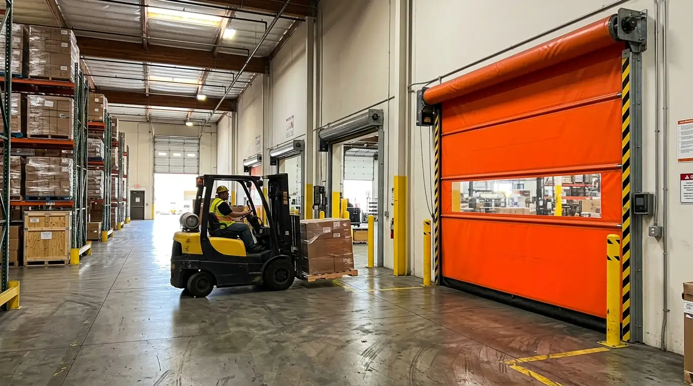 High-speed fabric roll-up door opening for an approaching forklift