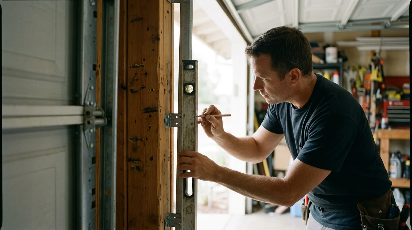 Level against a garage door track showing alignment being corrected