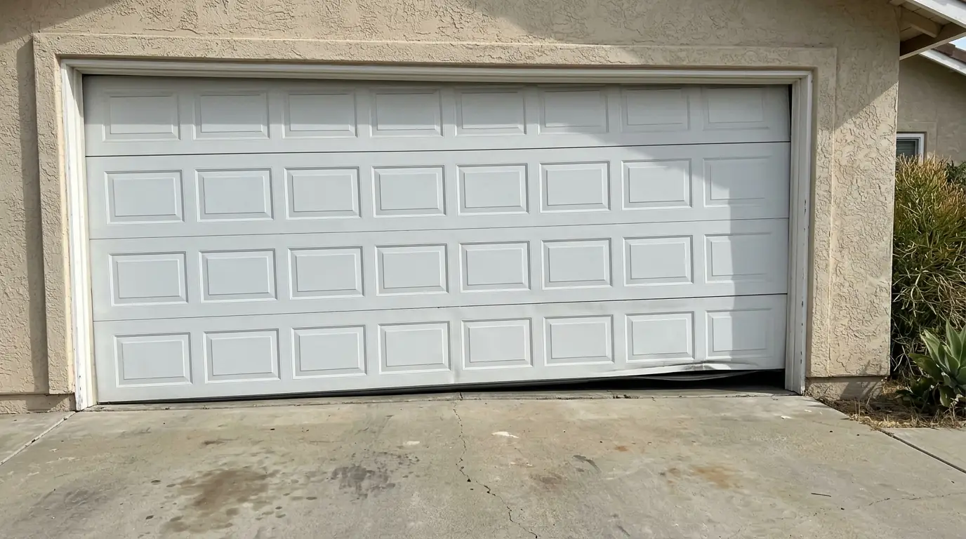 Before: a sagging two car door with a gap at one bottom corner