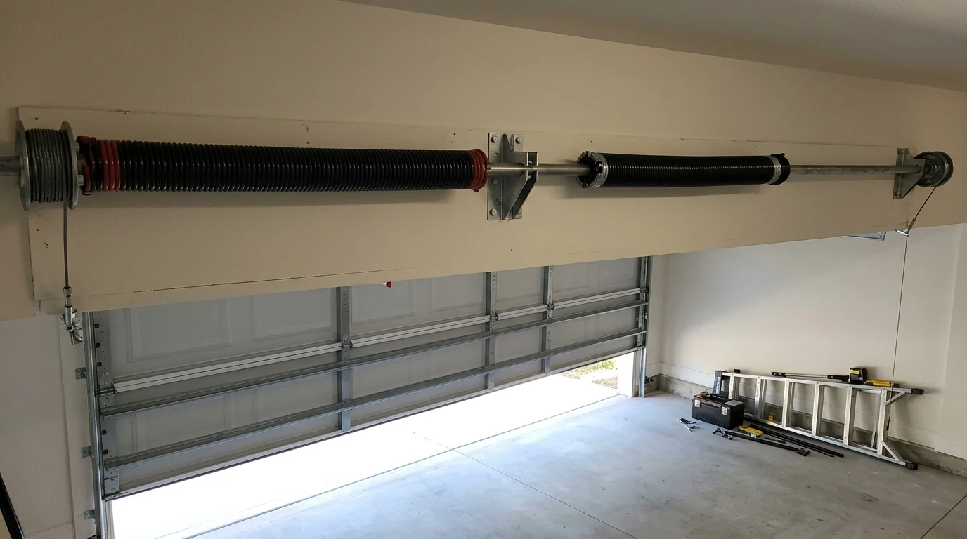 After: two new torsion springs wound on the shaft with the door floating at waist height