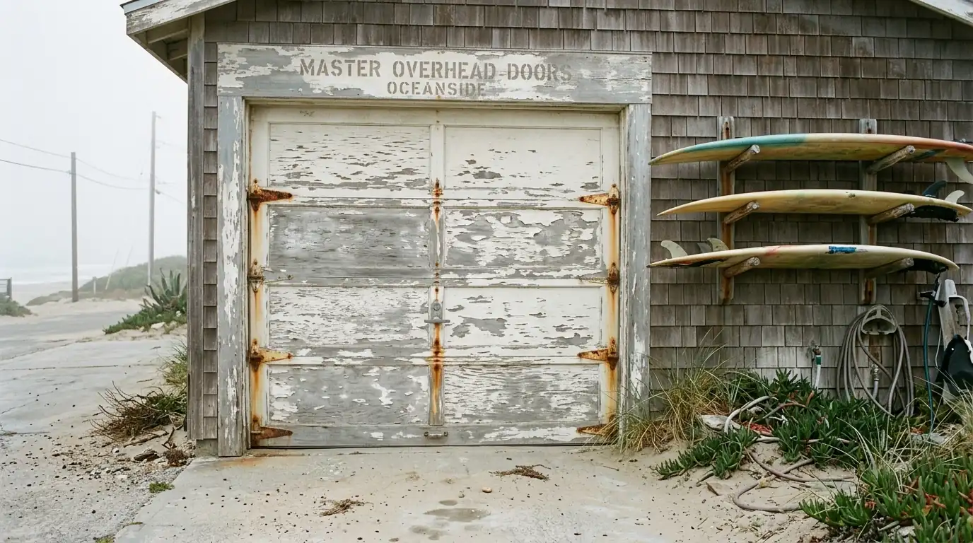 Weathered garage door on a beach cottage in Oceanside