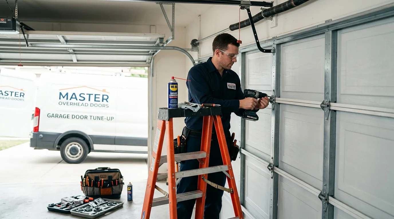 During the job: lubricating bearings and tightening hinge screws on a ladder