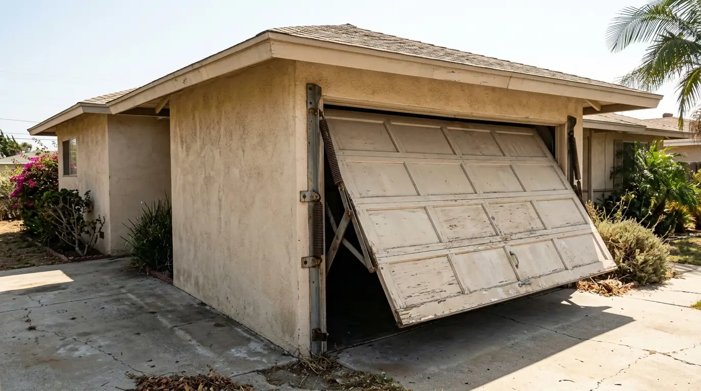 Old one-piece tilt-up garage door half open on a mid-century ranch house