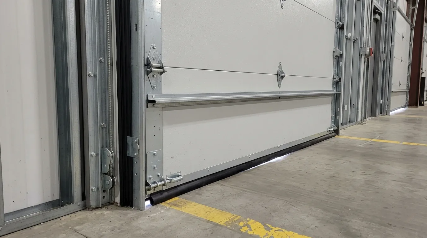 After: a repaired dock door closing onto its seal at a warehouse