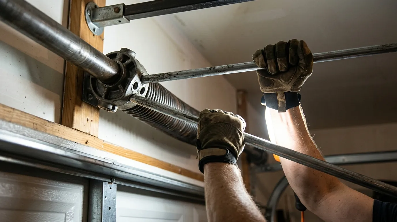 Winding bars tensioning a new torsion spring above a garage door