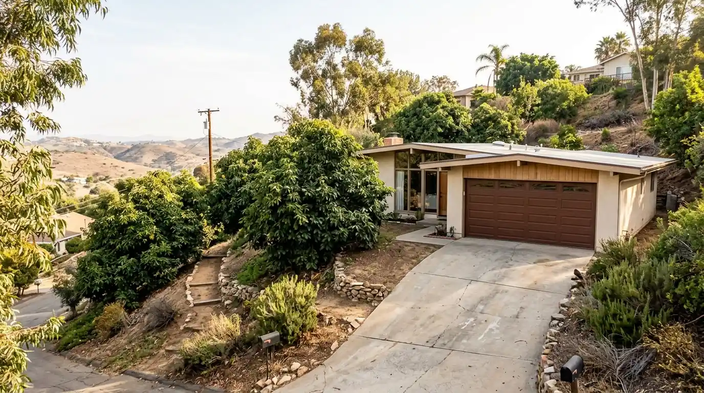 Garage door on a 1960s single story home in Vista
