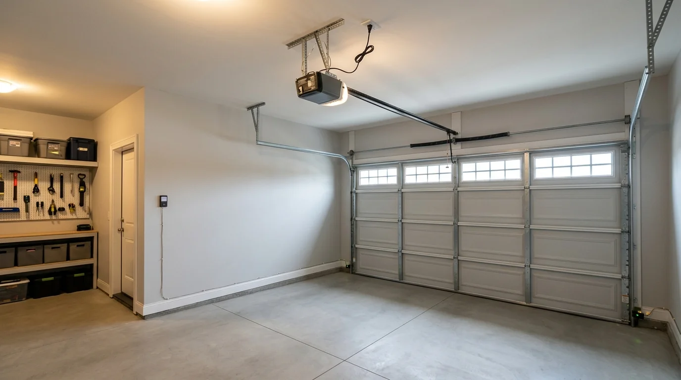 After: a finished belt drive opener with wall control and photo eyes installed