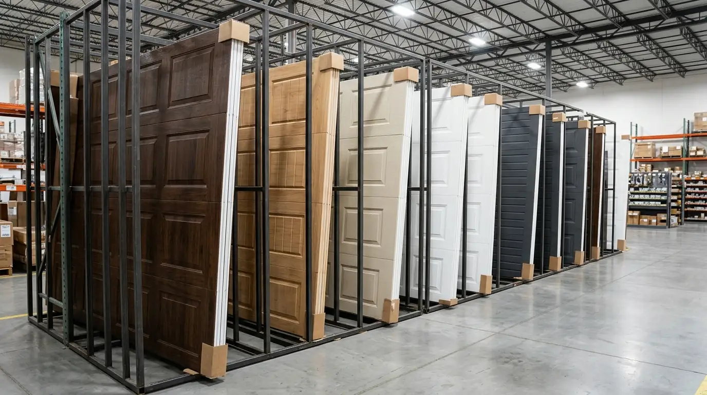 Rack of new garage door panels in walnut, white and sandstone finishes