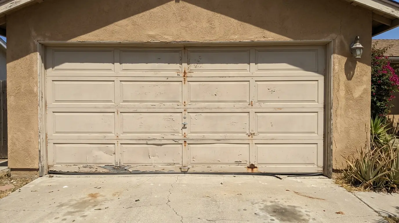 Before: an old faded garage door before removal on a stucco house