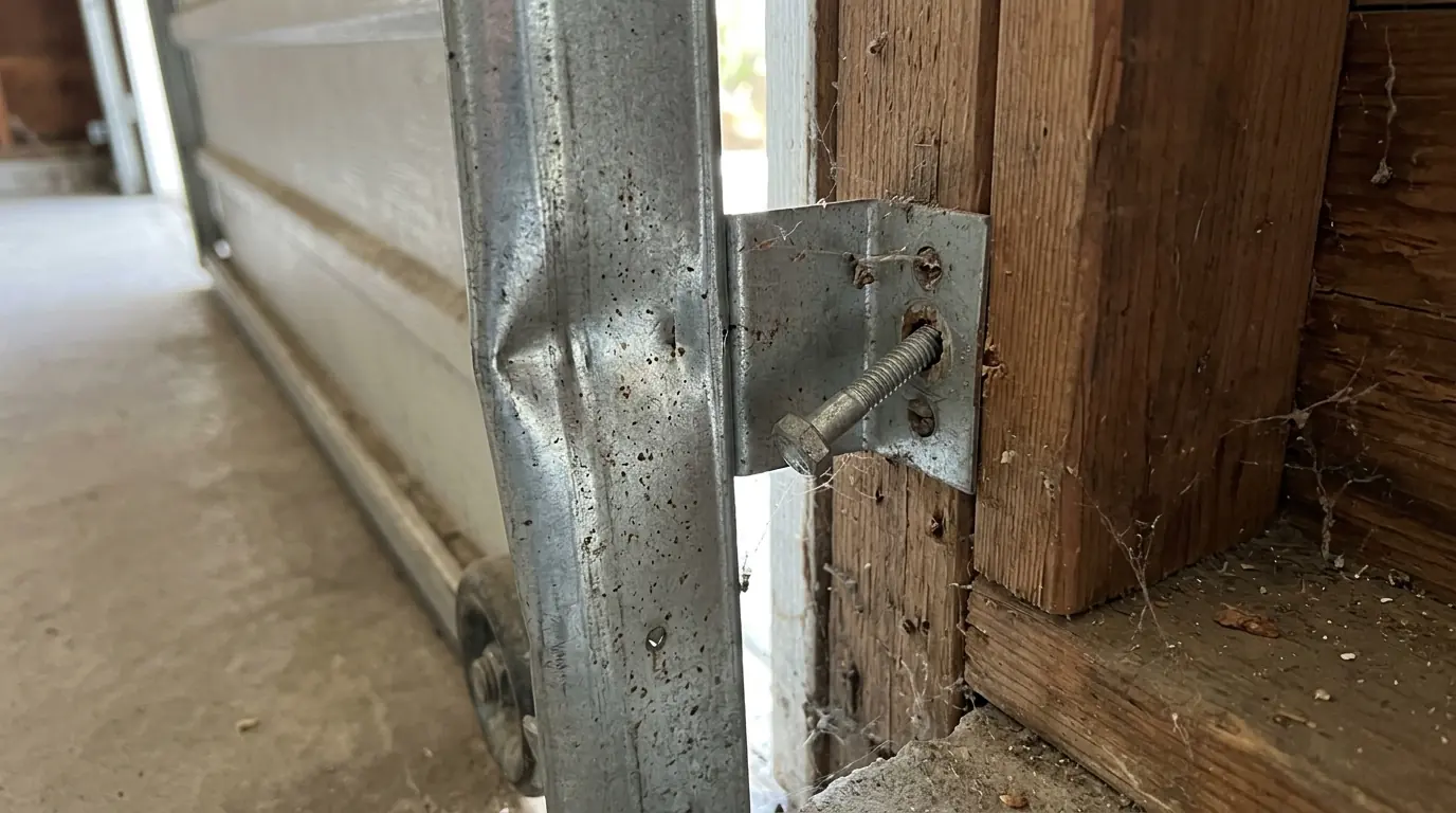 Before: a dented vertical garage door track beside a loose lag bolt