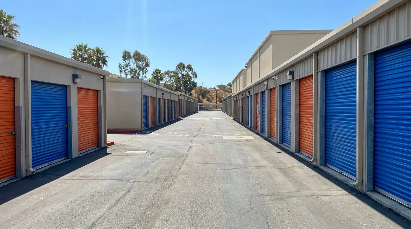 Rows of roll-up unit doors at a self-storage facility