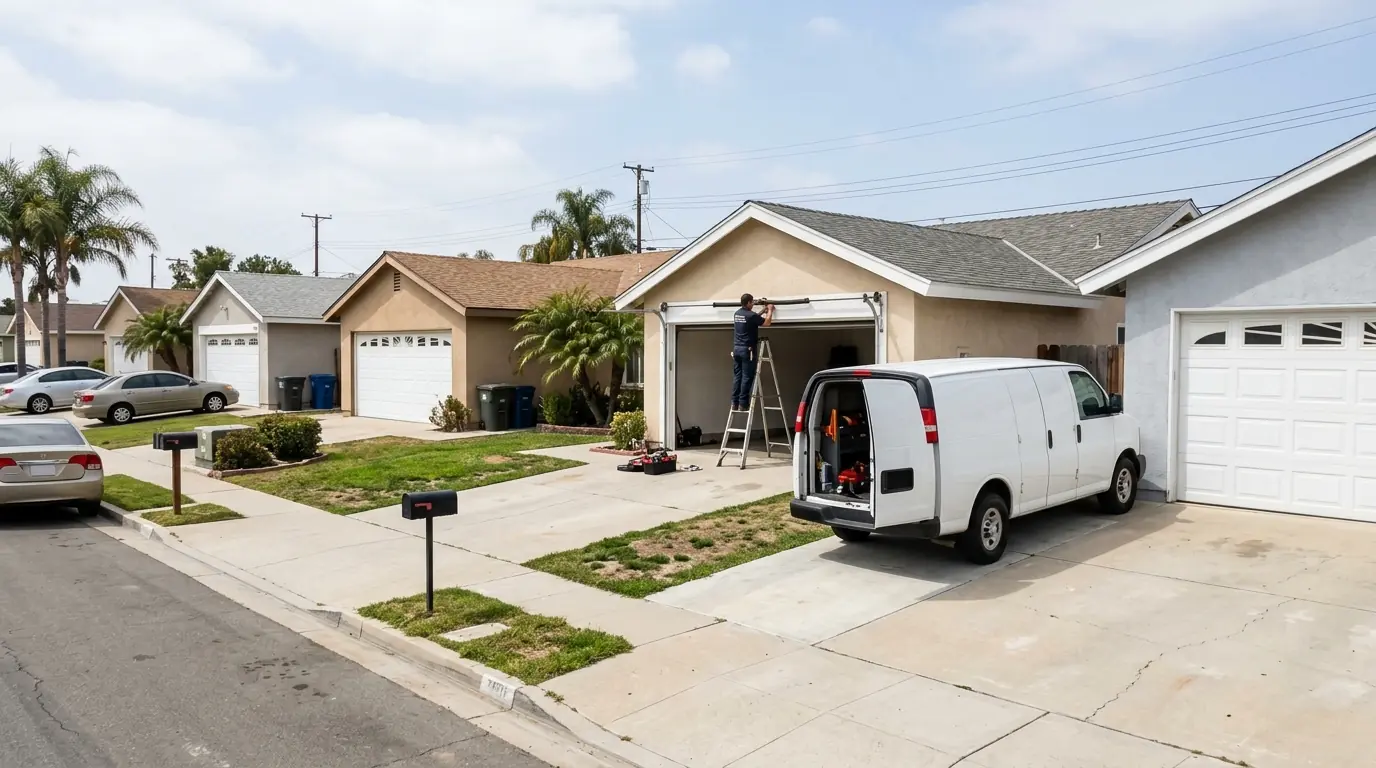 Technician replacing a garage door spring on a Mira Mesa home