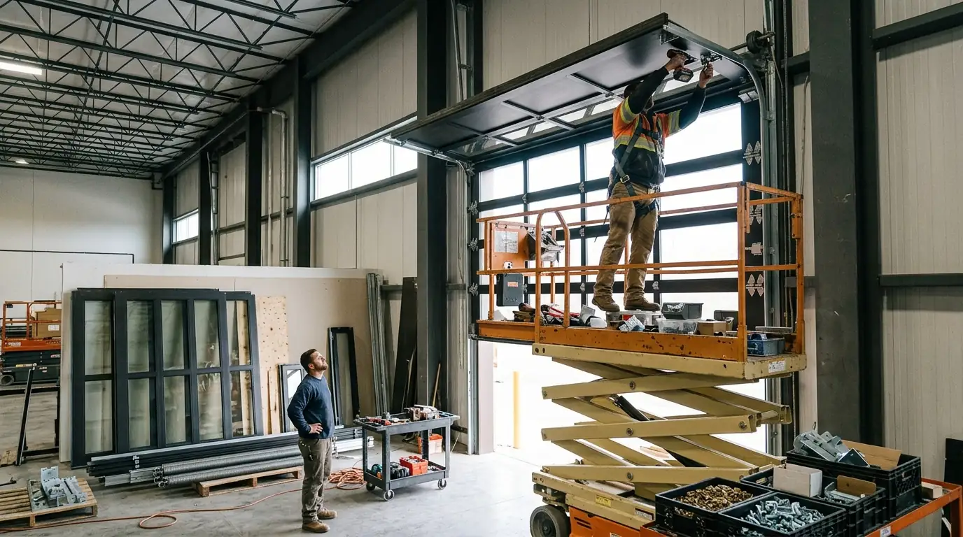 During the job: assembling tall custom sections on a scissor lift