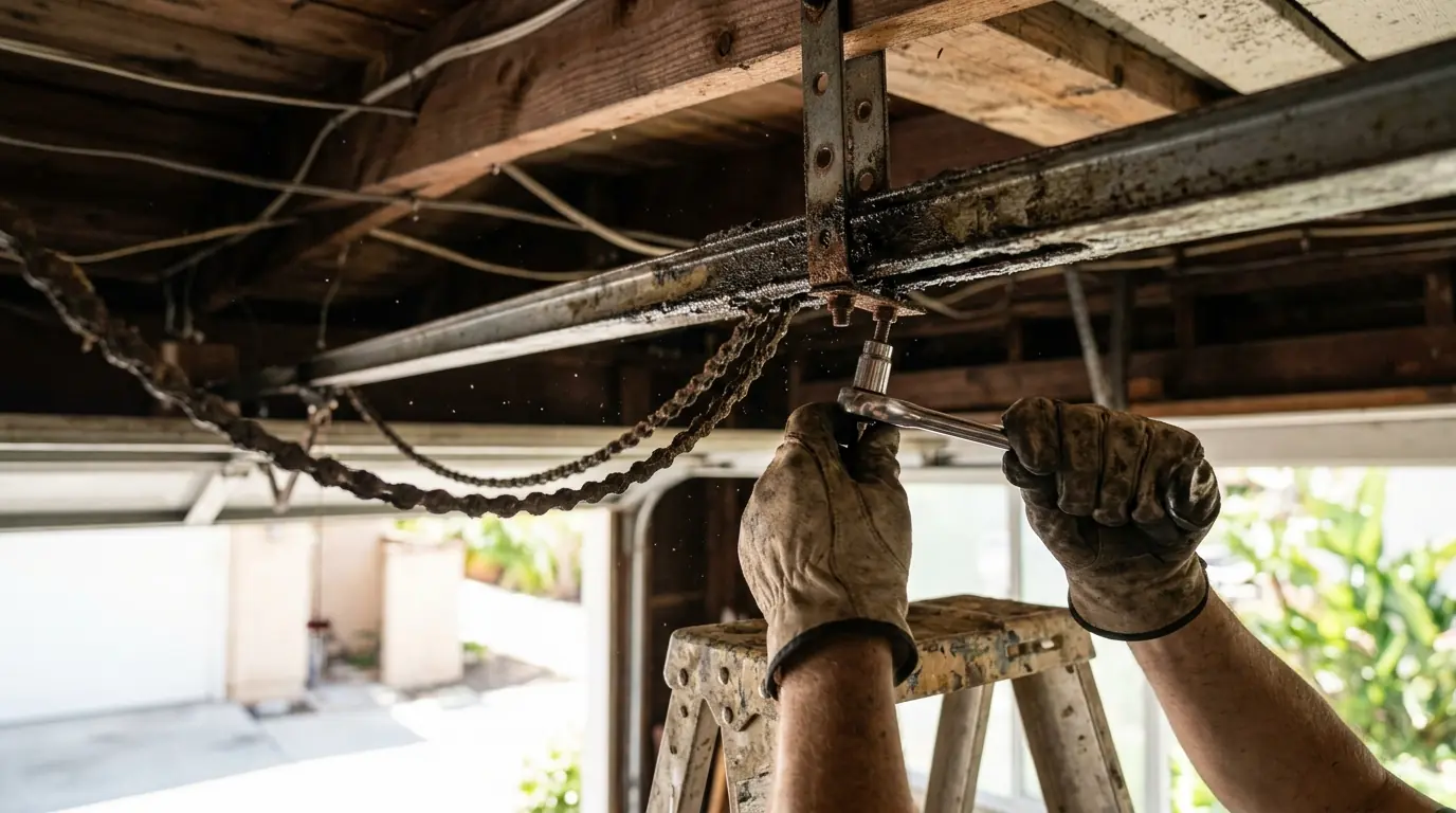 Before: an old chain drive opener and rail being taken down
