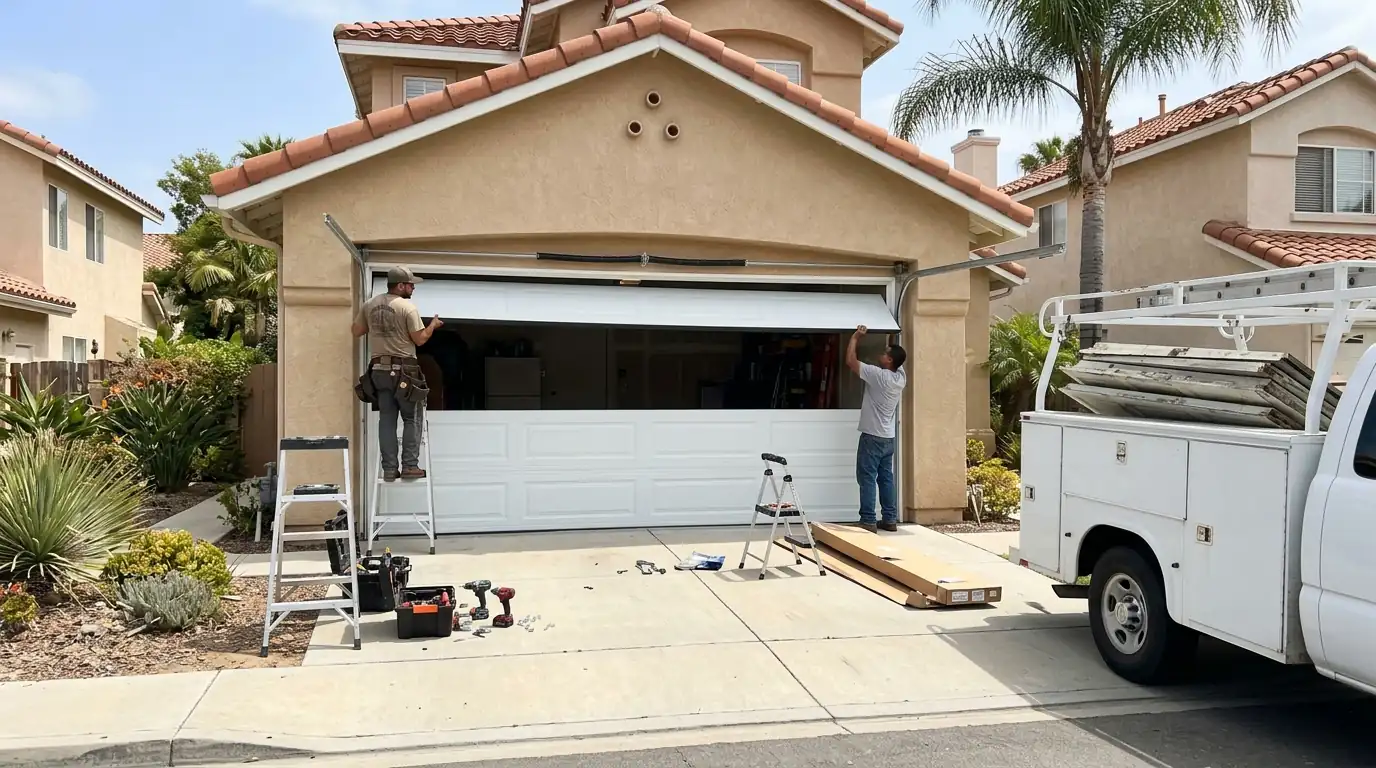Installers fitting the top section of a new two-car garage door