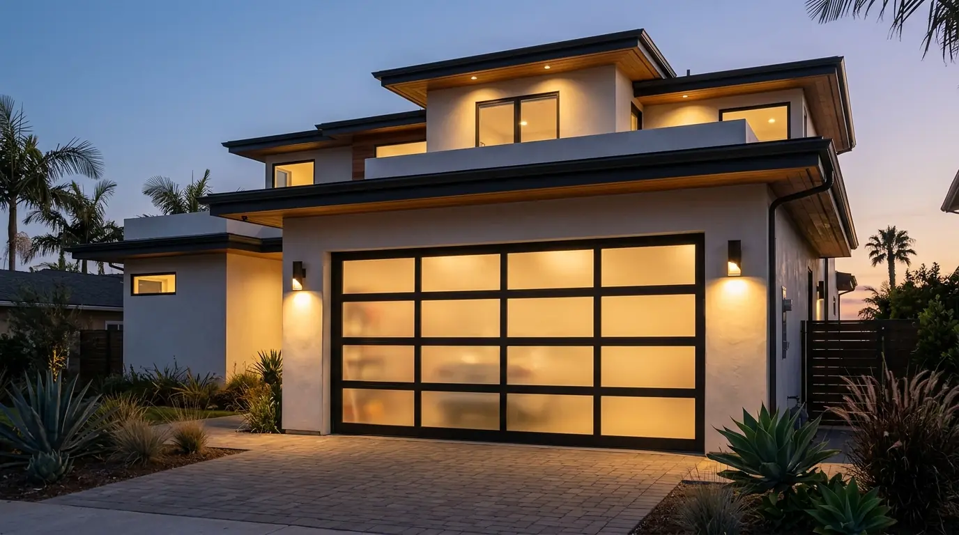Full-view aluminum and frosted glass garage door glowing at dusk